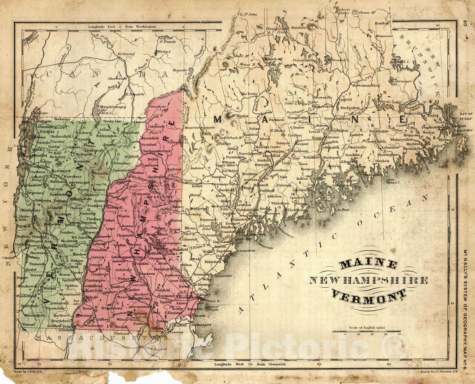 Historic Map : 1865 Maine, New Hampshire, Vermont : Vintage Wall Art