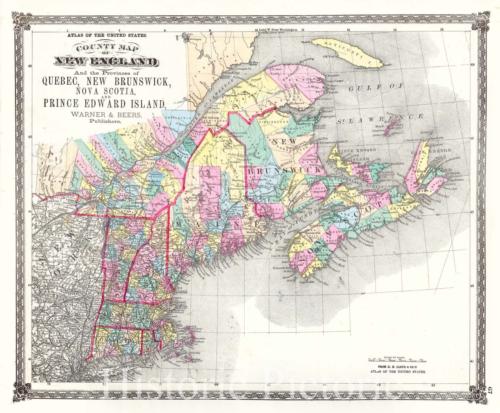 Historic Map : 1873 County Map of New England and the Provinces of Quebec, New Brunswick, Nova Scotia, and Prince Edward Island  : Vintage Wall Art