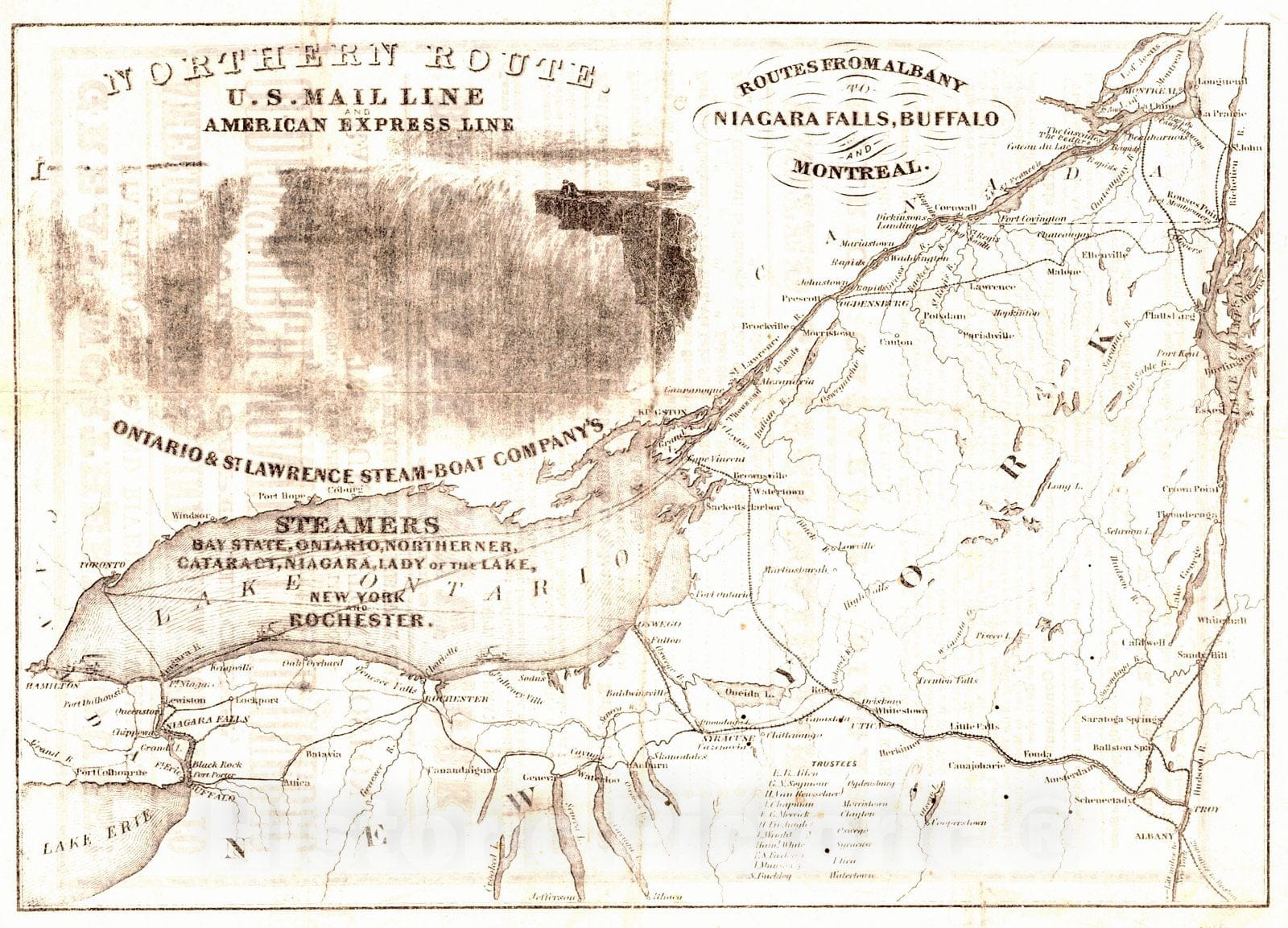 Historic Map : 1850 Northern Route U.S. Mail Line and American Express Line - Routes from Albany to Niagara Falls, Buffalo and Montreal : Vintage Wall Art