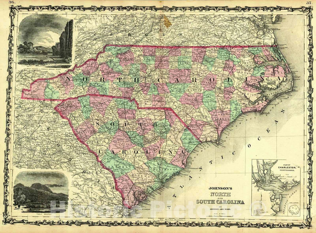Historic Map : 1863 Johnson's North and South Carolina : Vintage Wall ...