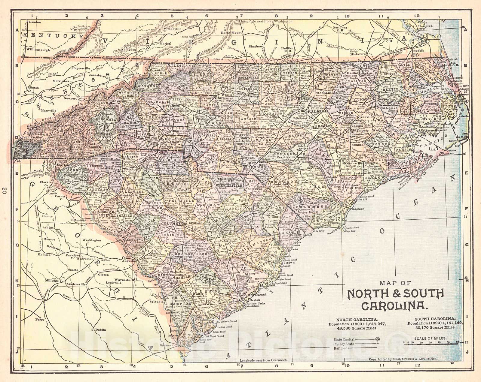 Historic Map : 1893 Map of North and South Carolina : Vintage Wall Art ...