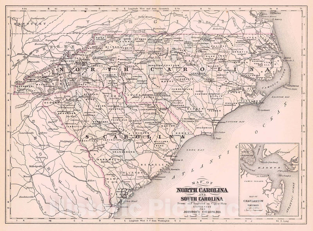 Historic Map : 1896 North and South Carolina : Vintage Wall Art ...