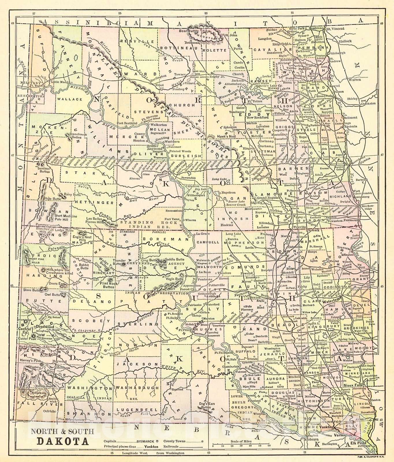 Historic Map : 1893 North & South Dakota : Vintage Wall Art