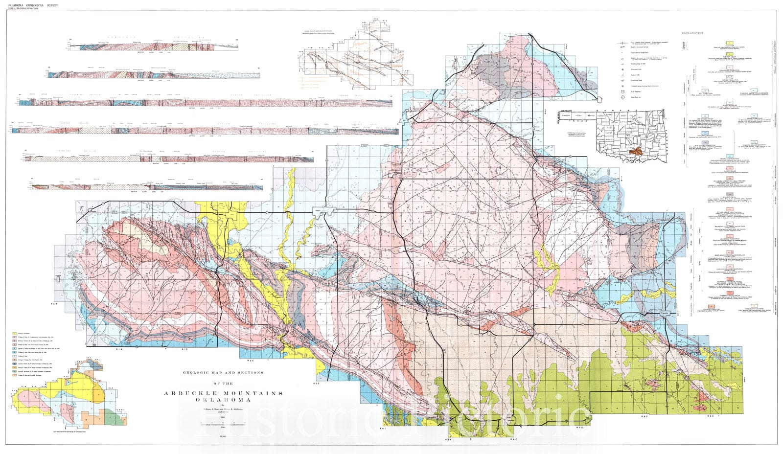 Historic Map : 1954 Geologic Map and Sections of the Arbuckle Mountains, Oklahoma : Vintage Wall Art
