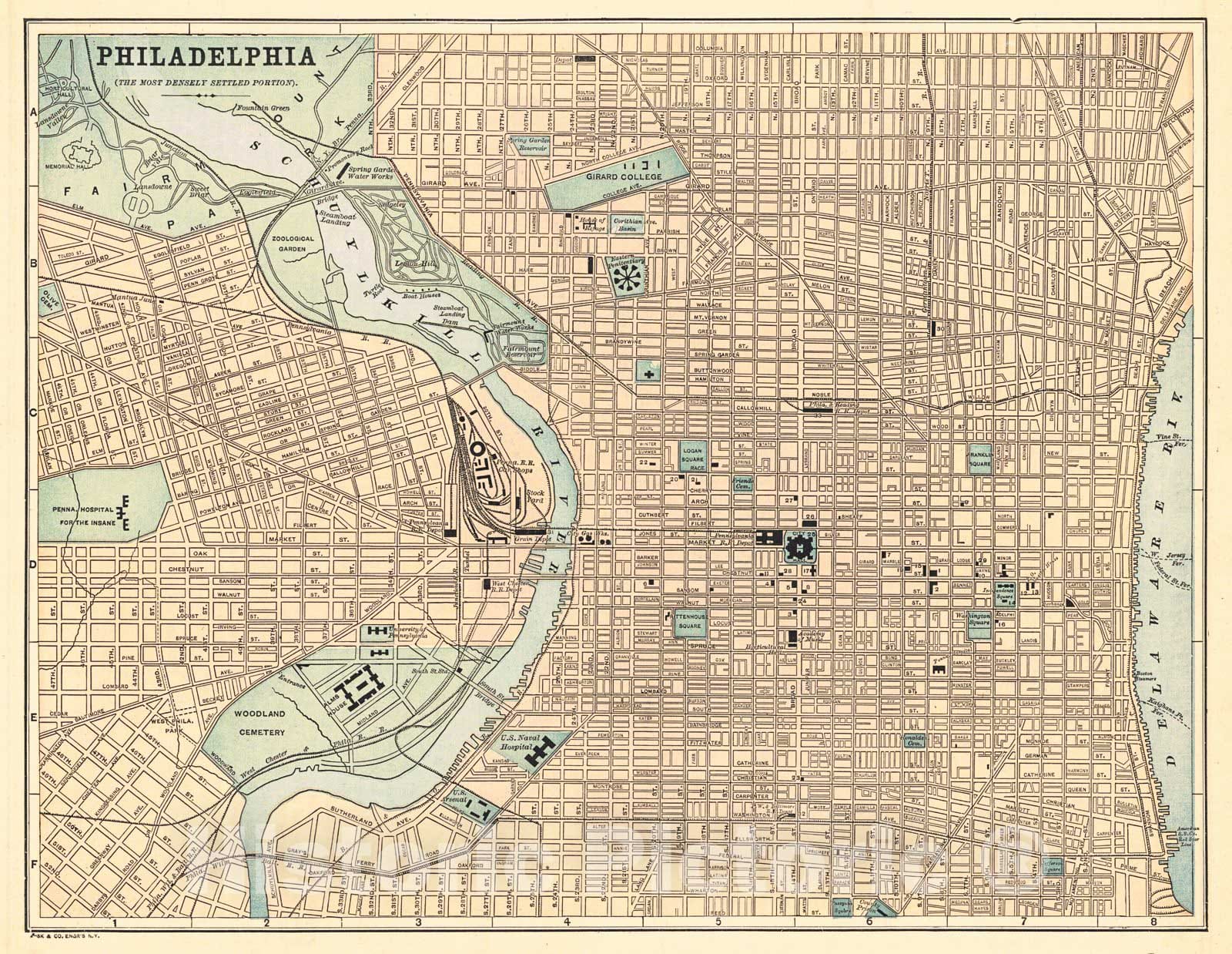 Historic Map : 1892 Philadelphia (The Most Densely Settled Portion) : Vintage Wall Art