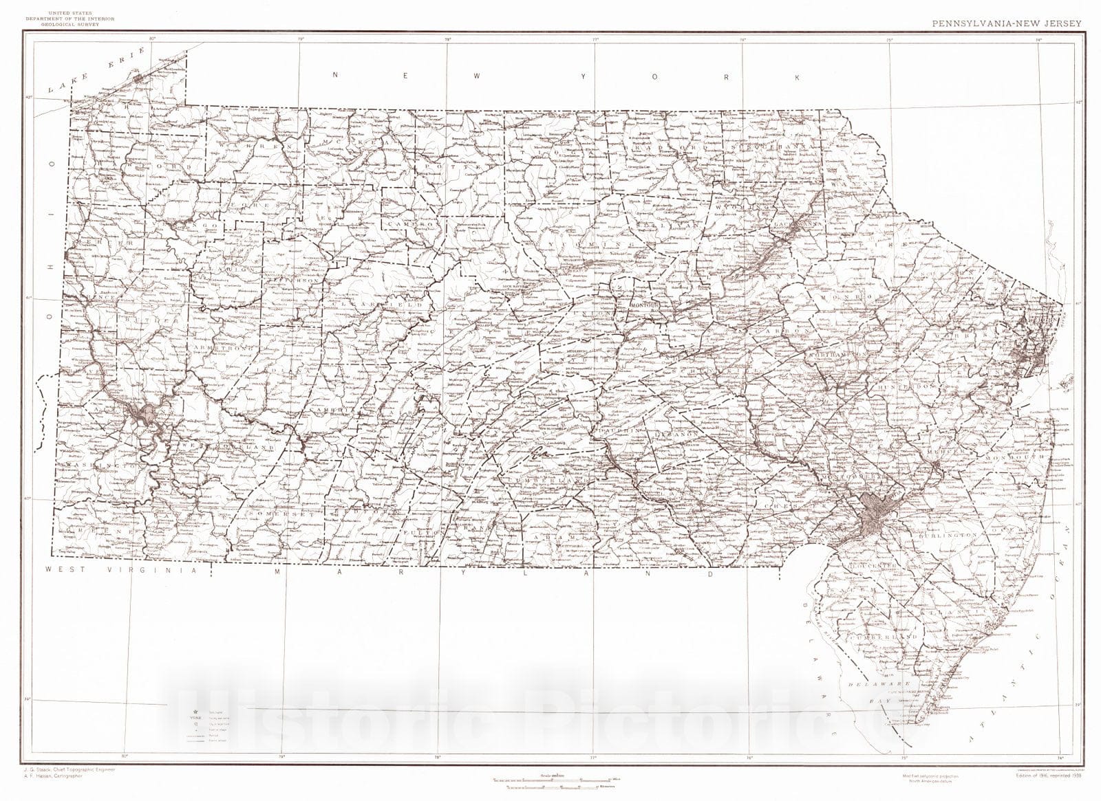 Historic Map : 1916 State of Pennsylvania and New Jersey  : Vintage Wall Art