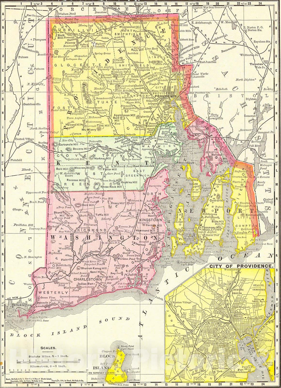 Historic Map : 1898 Rand McNally and Co.'s New Map of Rhode Island : Vintage Wall Art