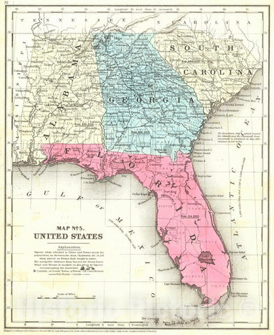 Historic Map : 1850 Map No. 5. United States (Alabama, Georgia, Florida and South Carolina) : Vintage Wall Art