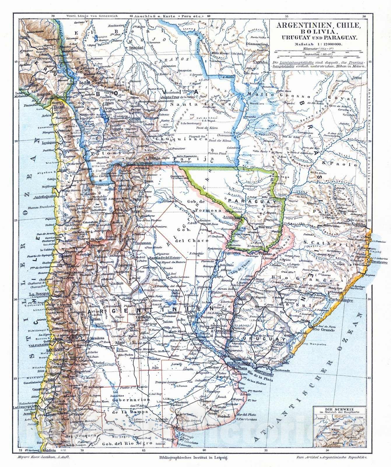 Historic Map : 1906 Argentinien, Chile, Bolivia, Uruguay und Paraguay : Vintage Wall Art