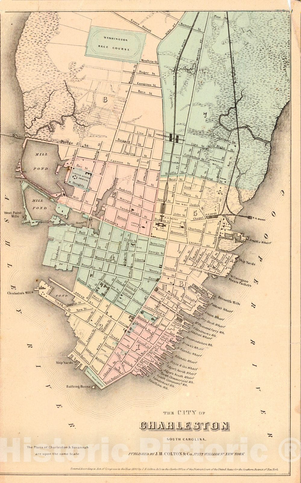 Historic Map : 1855 The City of Charleston, South Carolina  : Vintage Wall Art