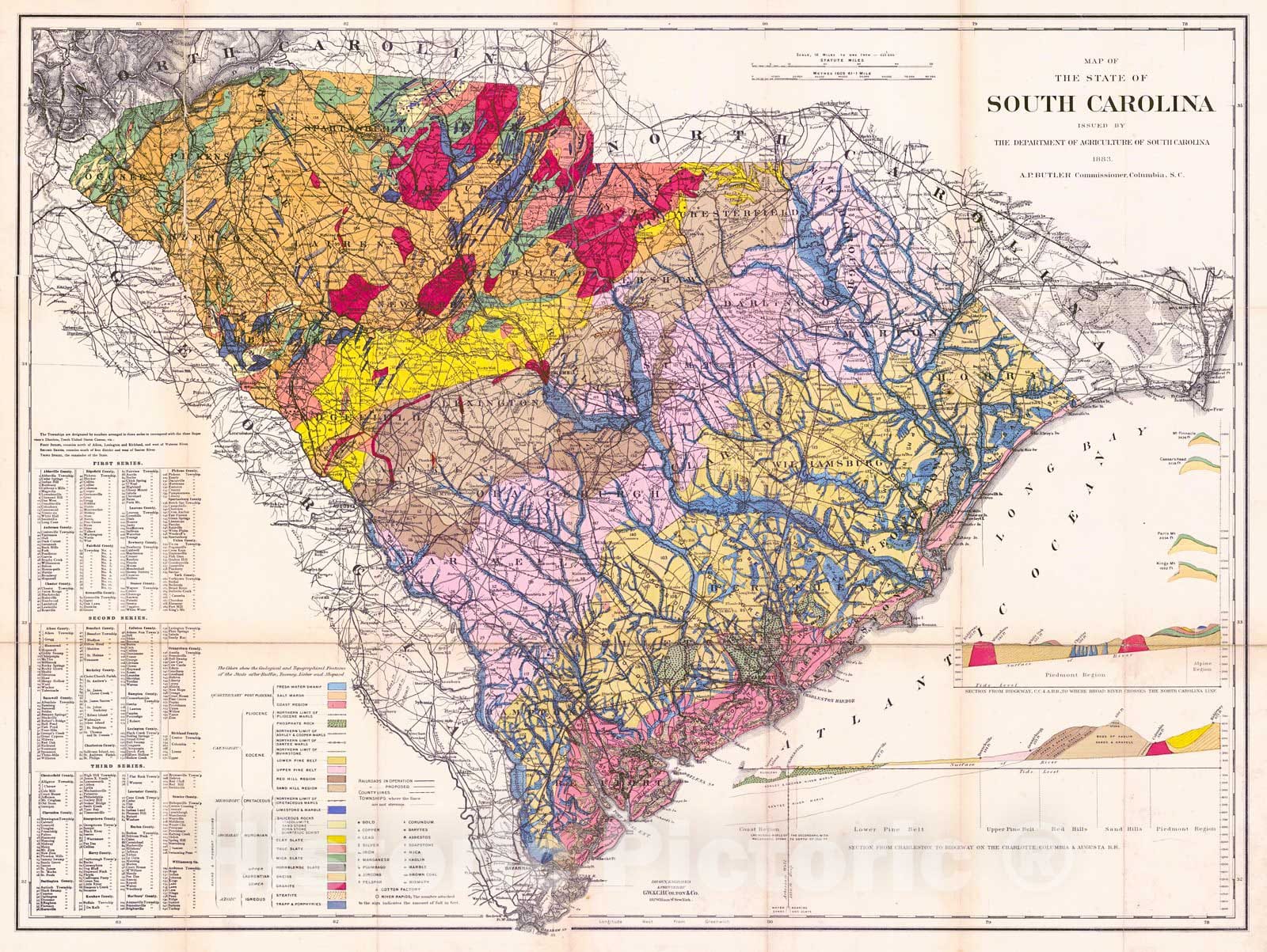 Historic Map : 1883 Map of the State of South Carolina : Vintage Wall Art