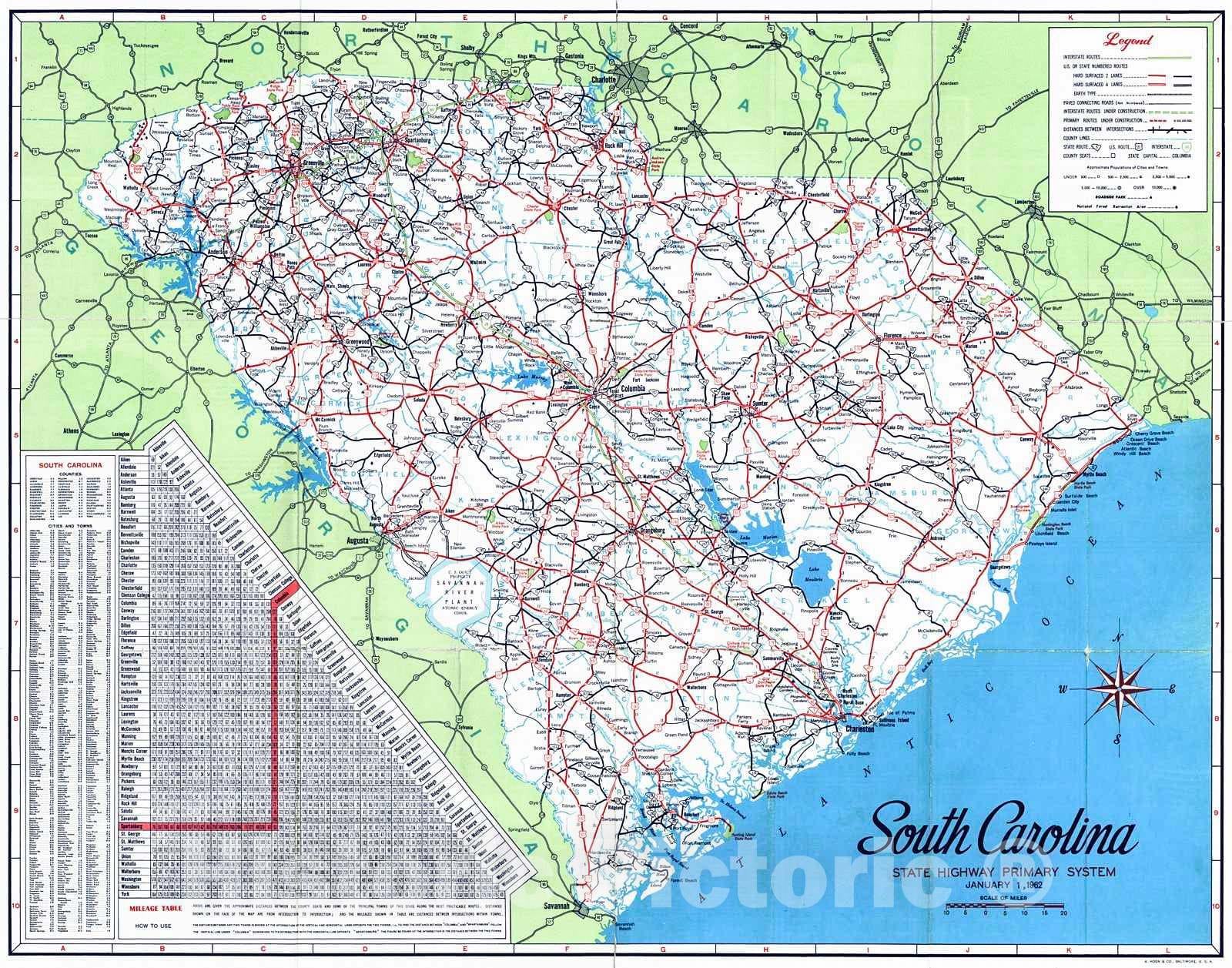 Historic Map : 1962 South Carolina State Highway Primary System  : Vintage Wall Art