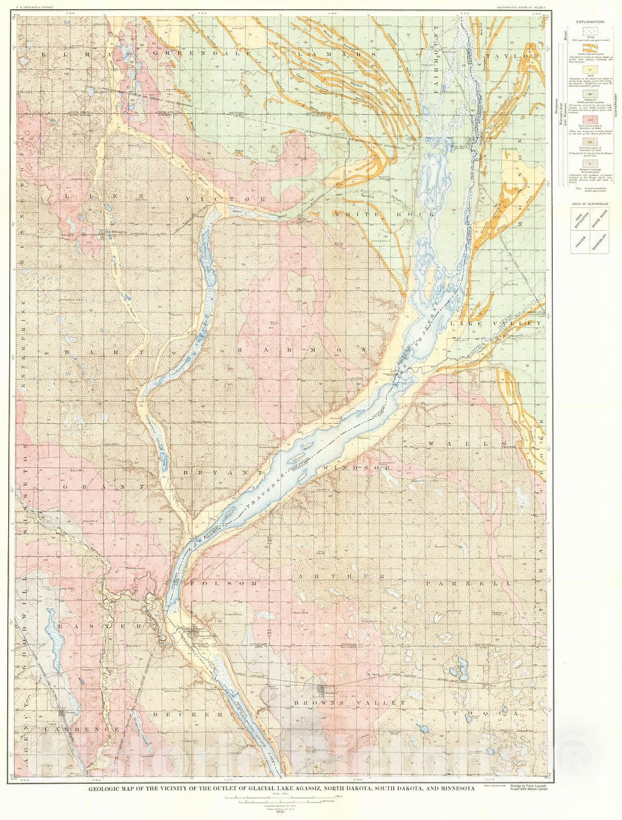 Historic Map : 1932 Geologic map of the vicinity of the outlet of Glacial Lake Agassiz, North Dakota, South Dakota and Minnesota  : Vintage Wall Art