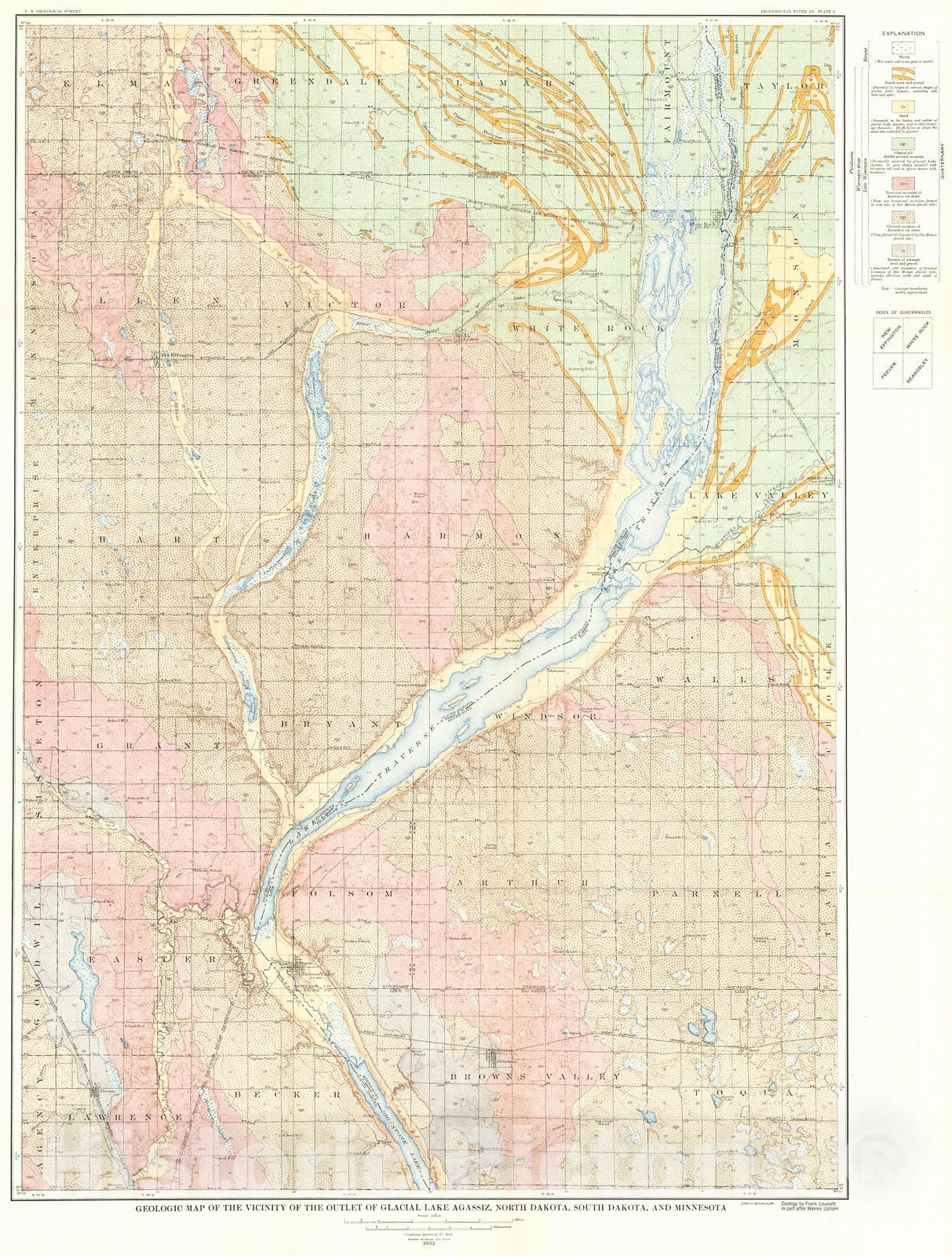 Historic Map : 1932 Geologic map of the vicinity of the outlet of Glacial Lake Agassiz, North Dakota, South Dakota and Minnesota  : Vintage Wall Art