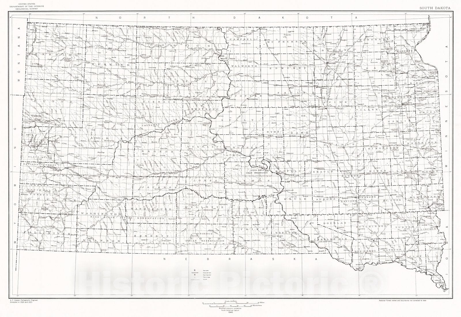 Historic Map : 1940 State of South Dakota : Vintage Wall Art