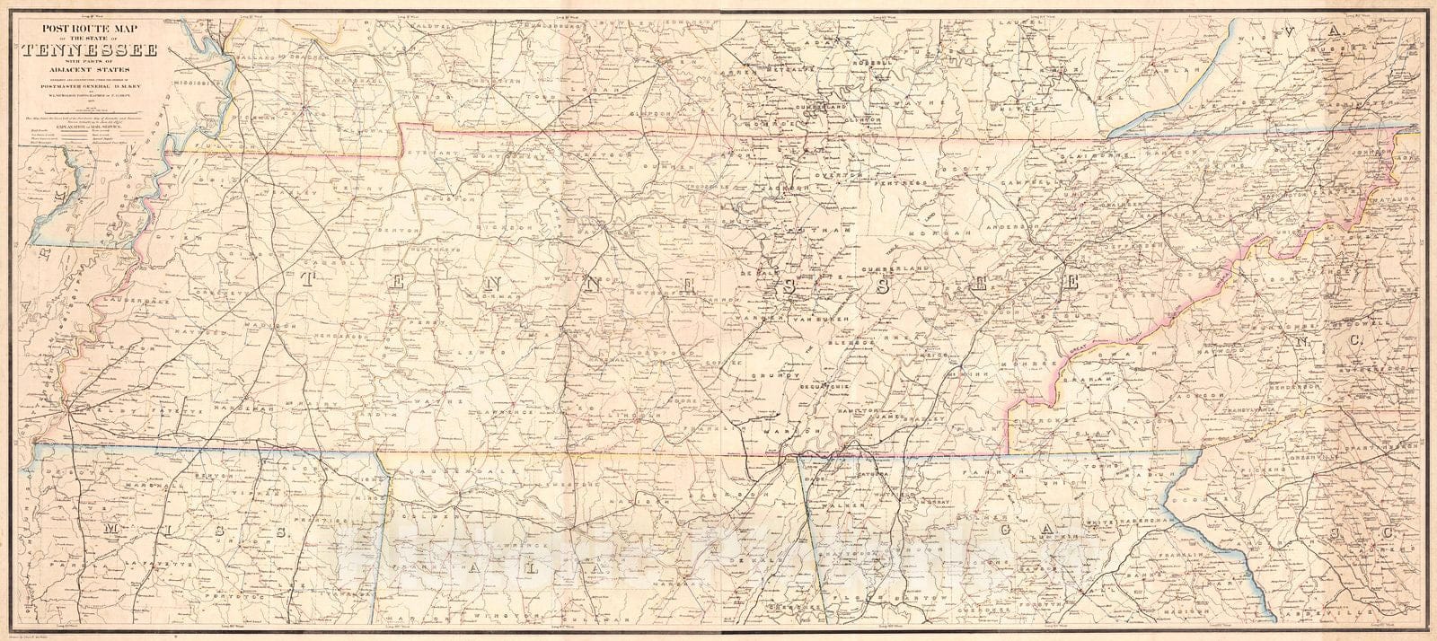 Historic Map : 1877 Postal Route Map of the State of Tennessee : Vintage Wall Art