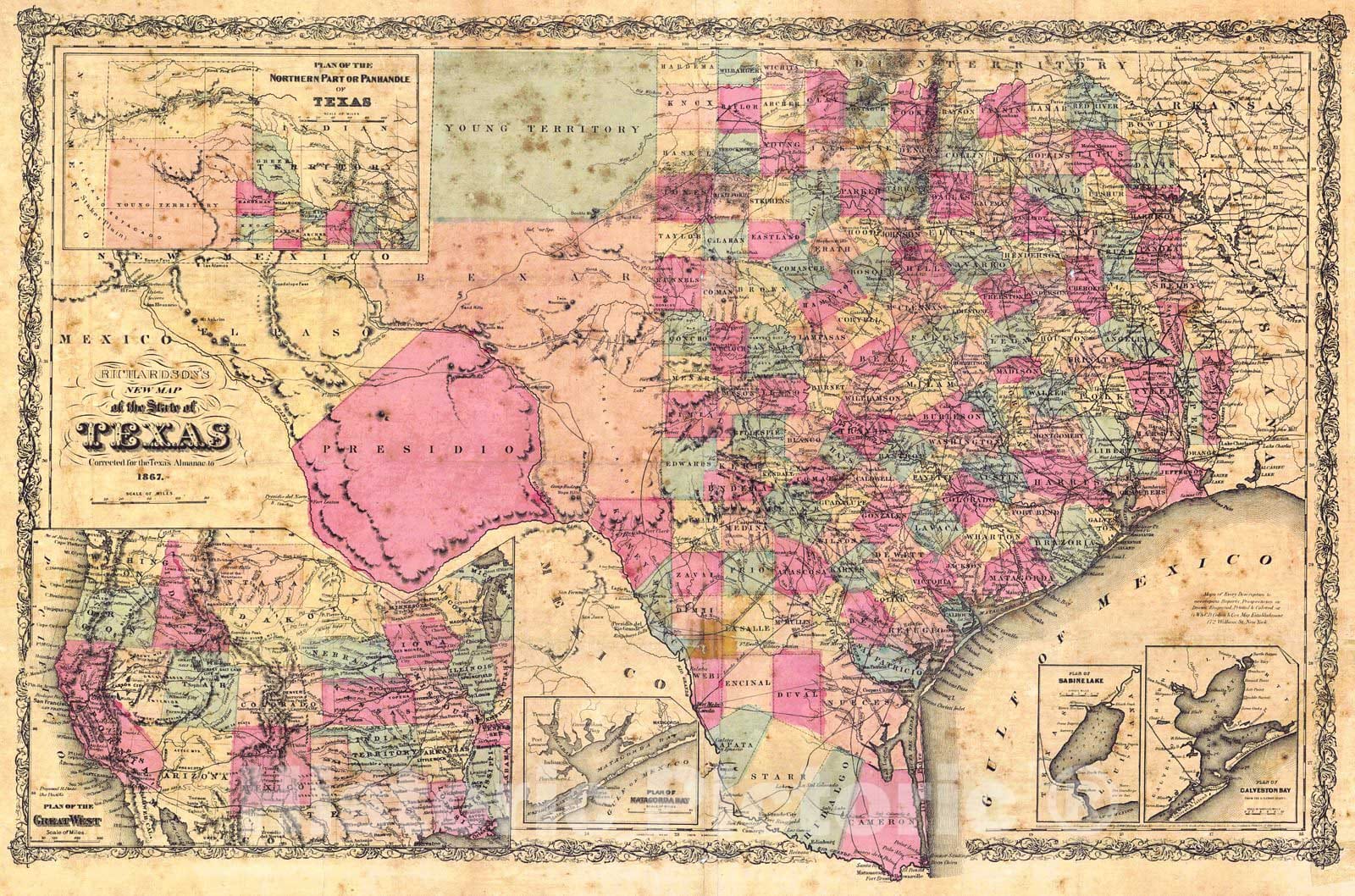 Historic Map : 1867 Richardson's New Map of the State of Texas : Vintage Wall Art