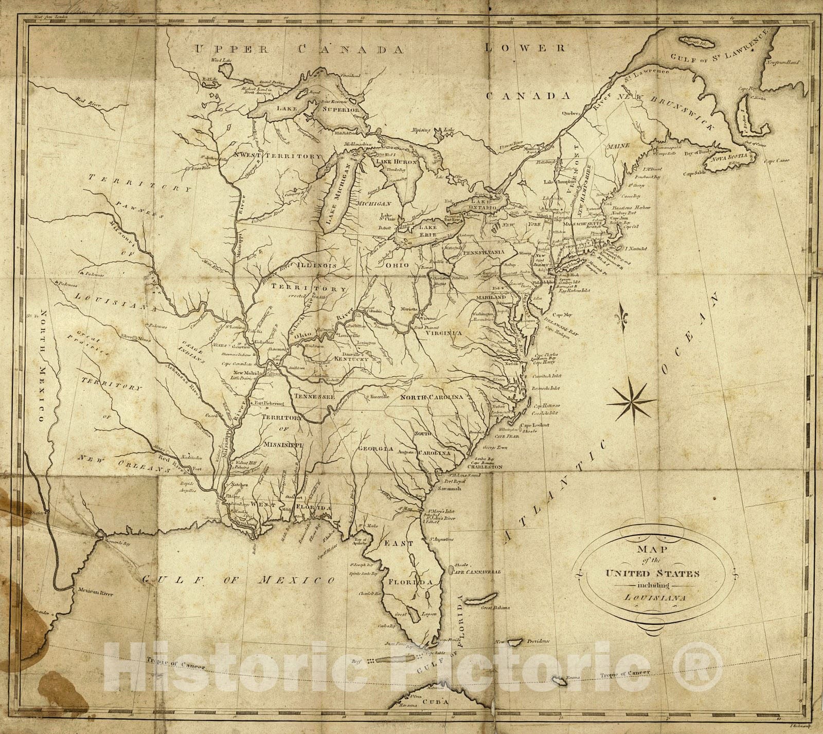 Historic Map : 1818 Map of the United States including Louisiana  : Vintage Wall Art