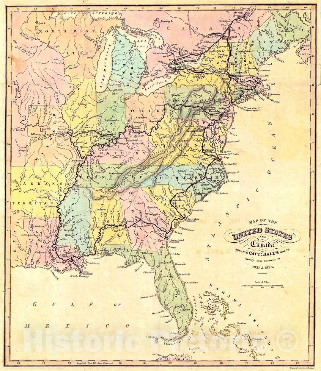 Historic Map : 1829 Map of the United States and Canada : Vintage Wall Art