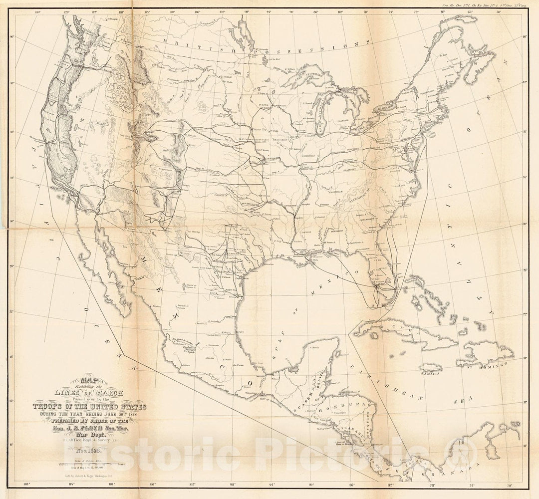 Historic Map : 1858 Map Exhibiting the Line of March Passed Over by the Troops of the United States During the Year Ending June 30th 1858 : Vintage Wall Art