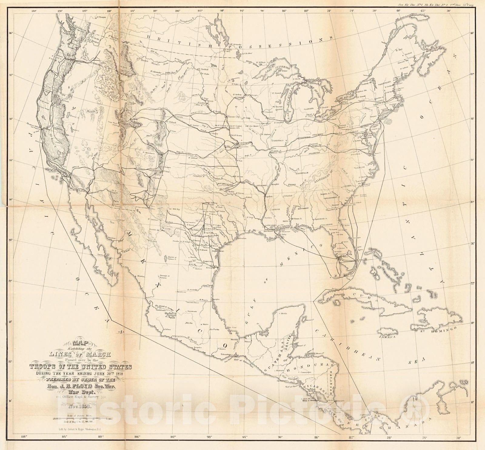Historic Map : 1858 Map Exhibiting the Line of March Passed Over by the Troops of the United States During the Year Ending June 30th 1858 : Vintage Wall Art