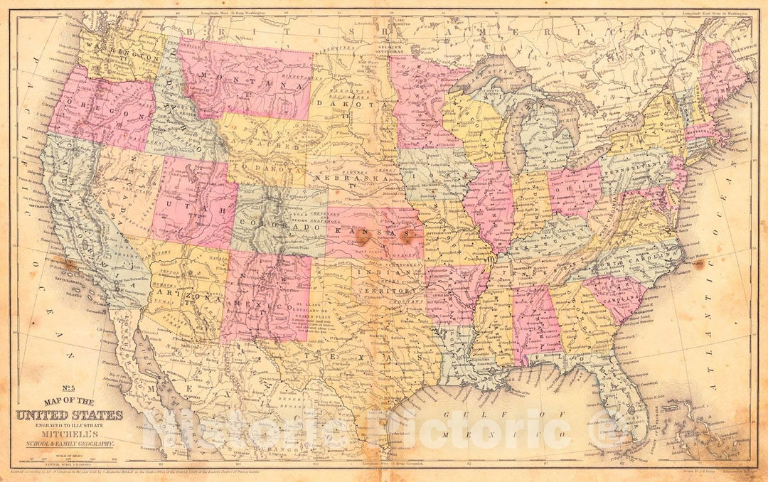 Historic Map : 1858 No. 5 Map of the United States : Vintage Wall Art