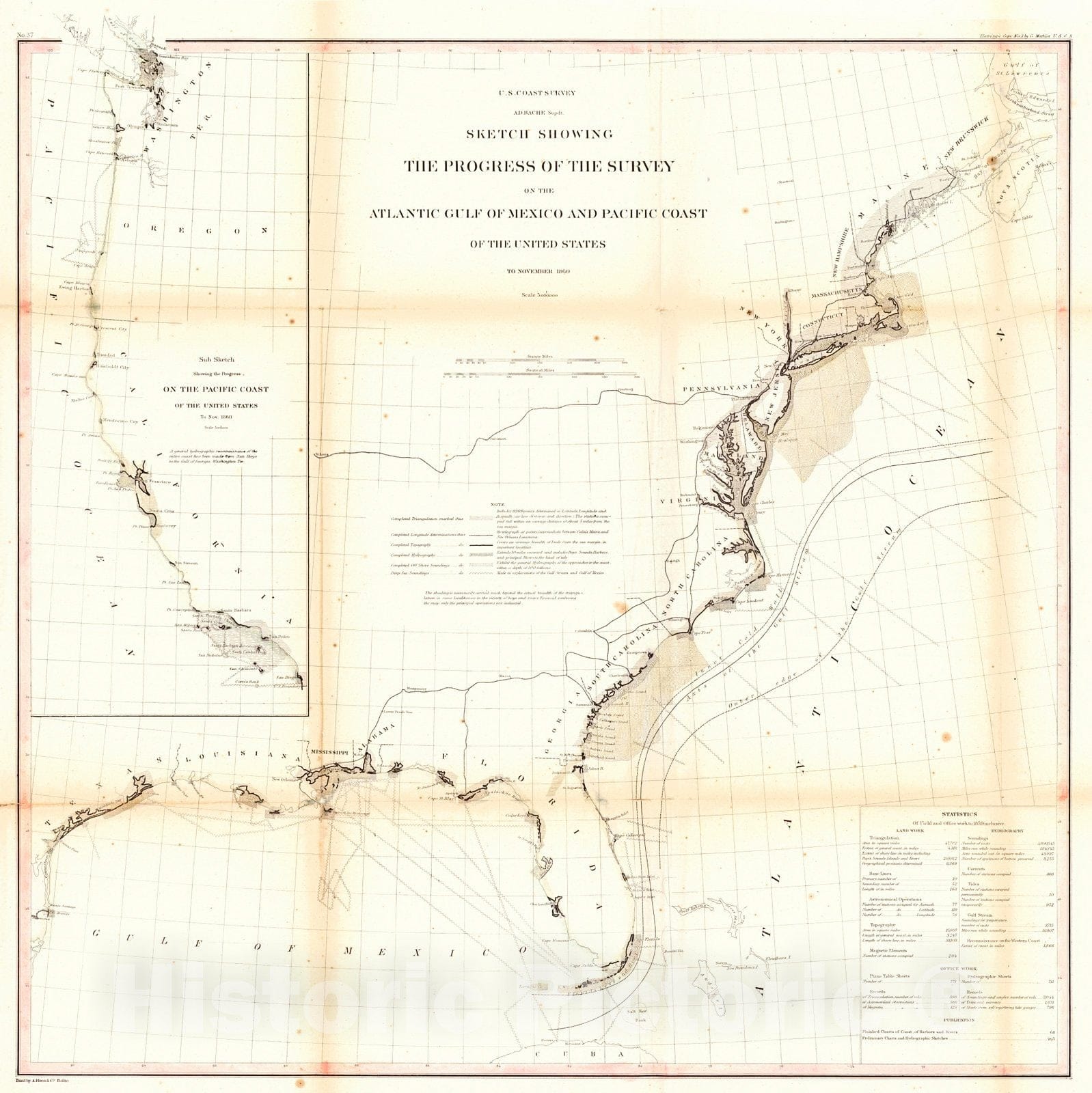 Historic Map : 1860 Sketch Showing Positions of the Survey on the Atlantic, Gulf of Mexico, and Pacific Coast : Vintage Wall Art