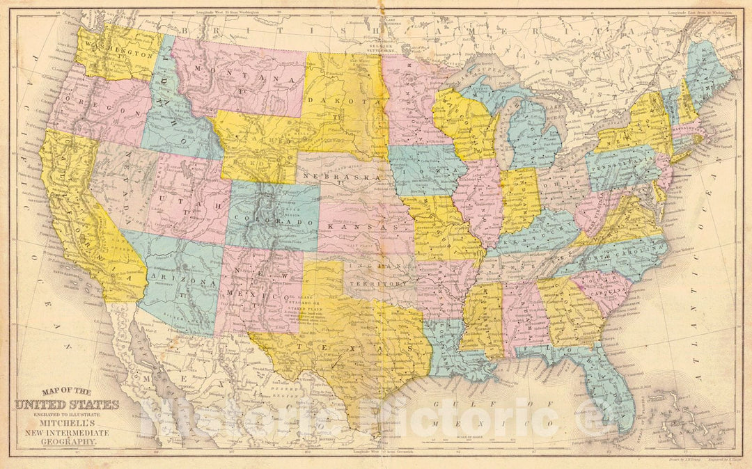 Historic Map : 1865 Map of the United States : Vintage Wall Art