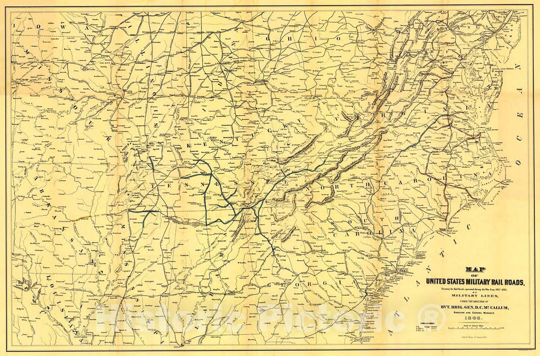 Historic Map : 1866 Map of the United States Military Rail Roads : Vintage Wall Art