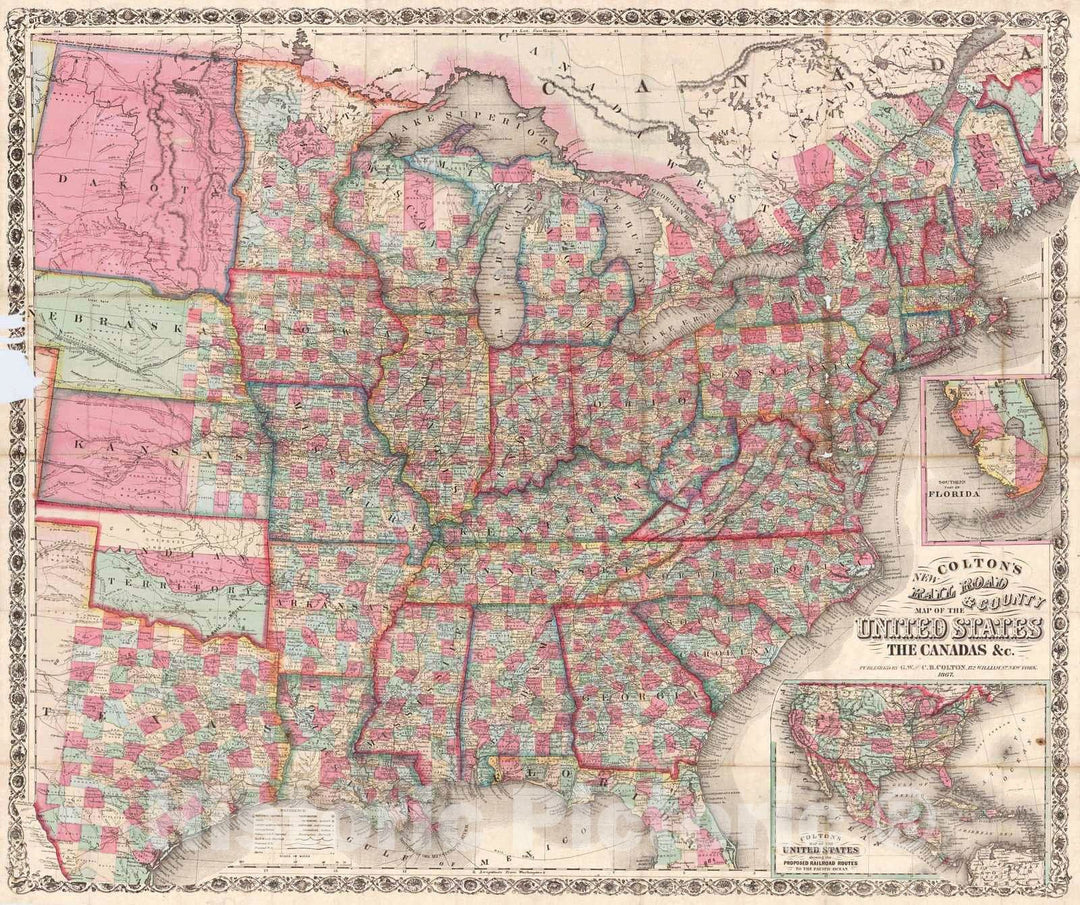 Historic Map : 1867 Coltons New Rail Road and County map of the United States : Vintage Wall Art