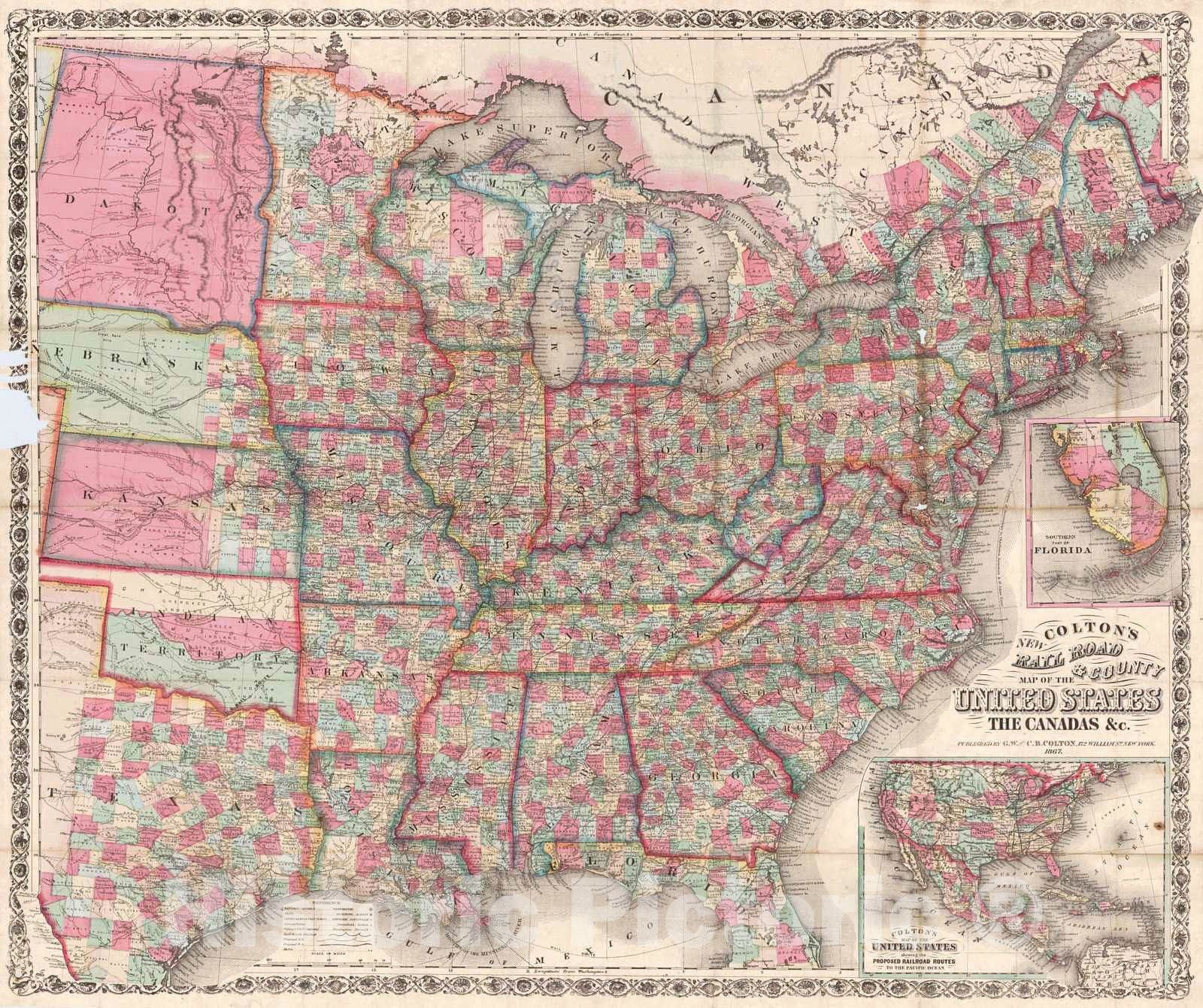 Historic Map : 1867 Coltons New Rail Road and County map of the United States : Vintage Wall Art