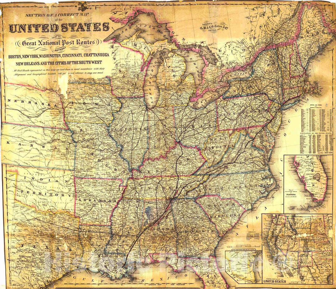 Historic Map : 1869 Section of a Correct Map of the United States showing the Great National Post Routes : Vintage Wall Art