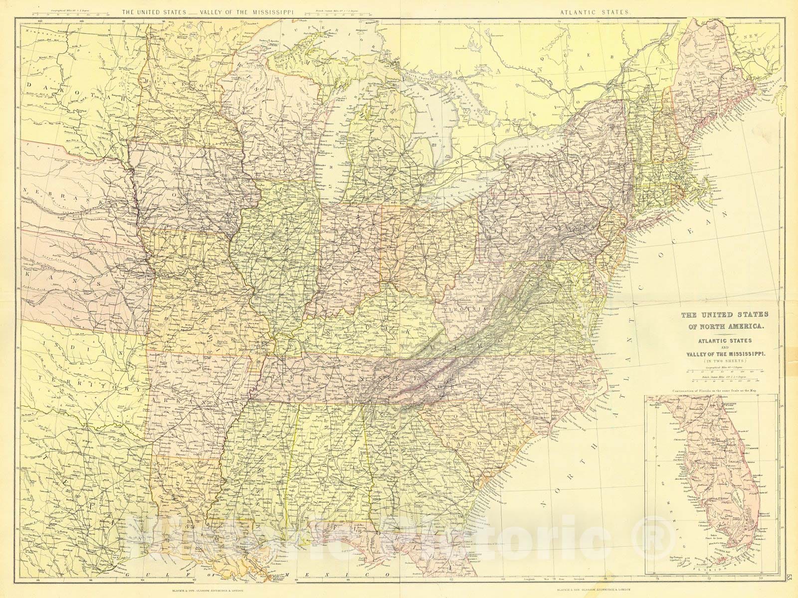 Historic Map : 1870 The United States of the North America. Atlantic States and Valley of the Mississippi : Vintage Wall Art