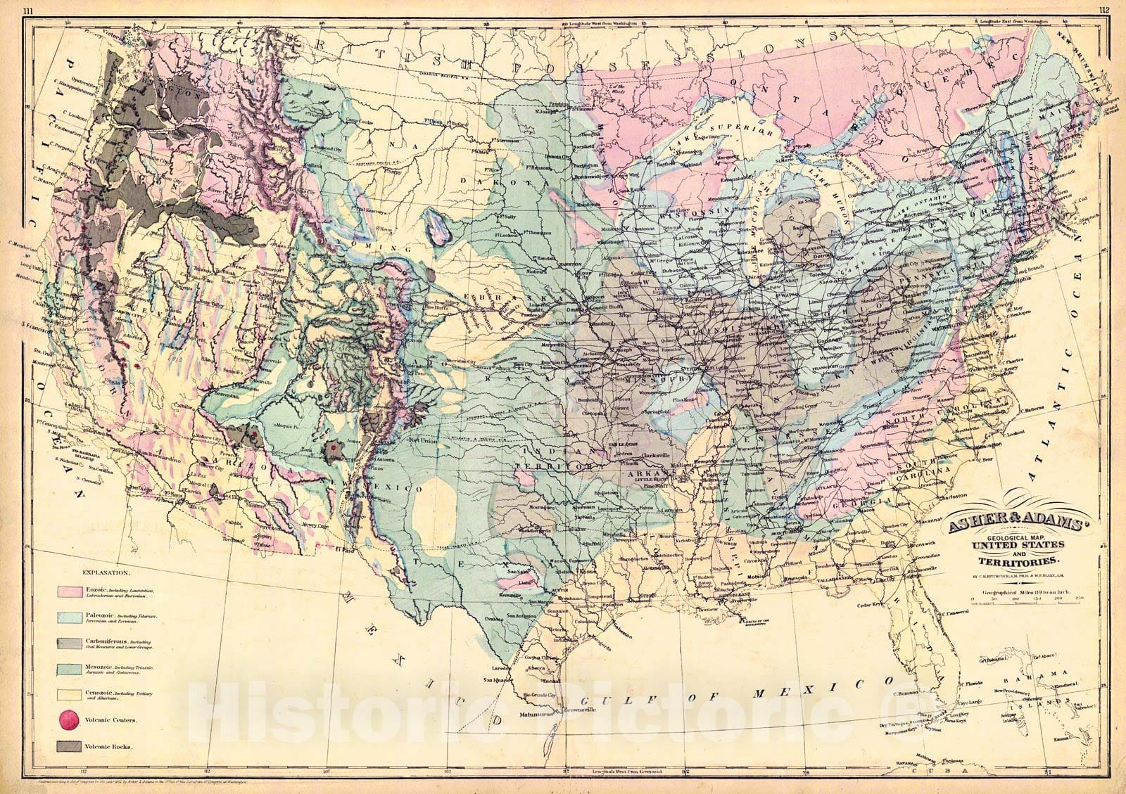 Historic Map : 1872 Asher and Adams' Geological Map: United States and ...