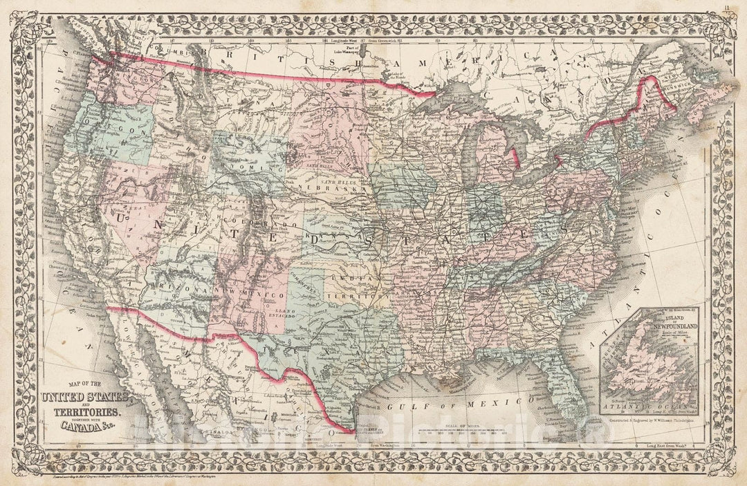 Historic Map : 1872 Map of the United States and Territories Together with Canada : Vintage Wall Art
