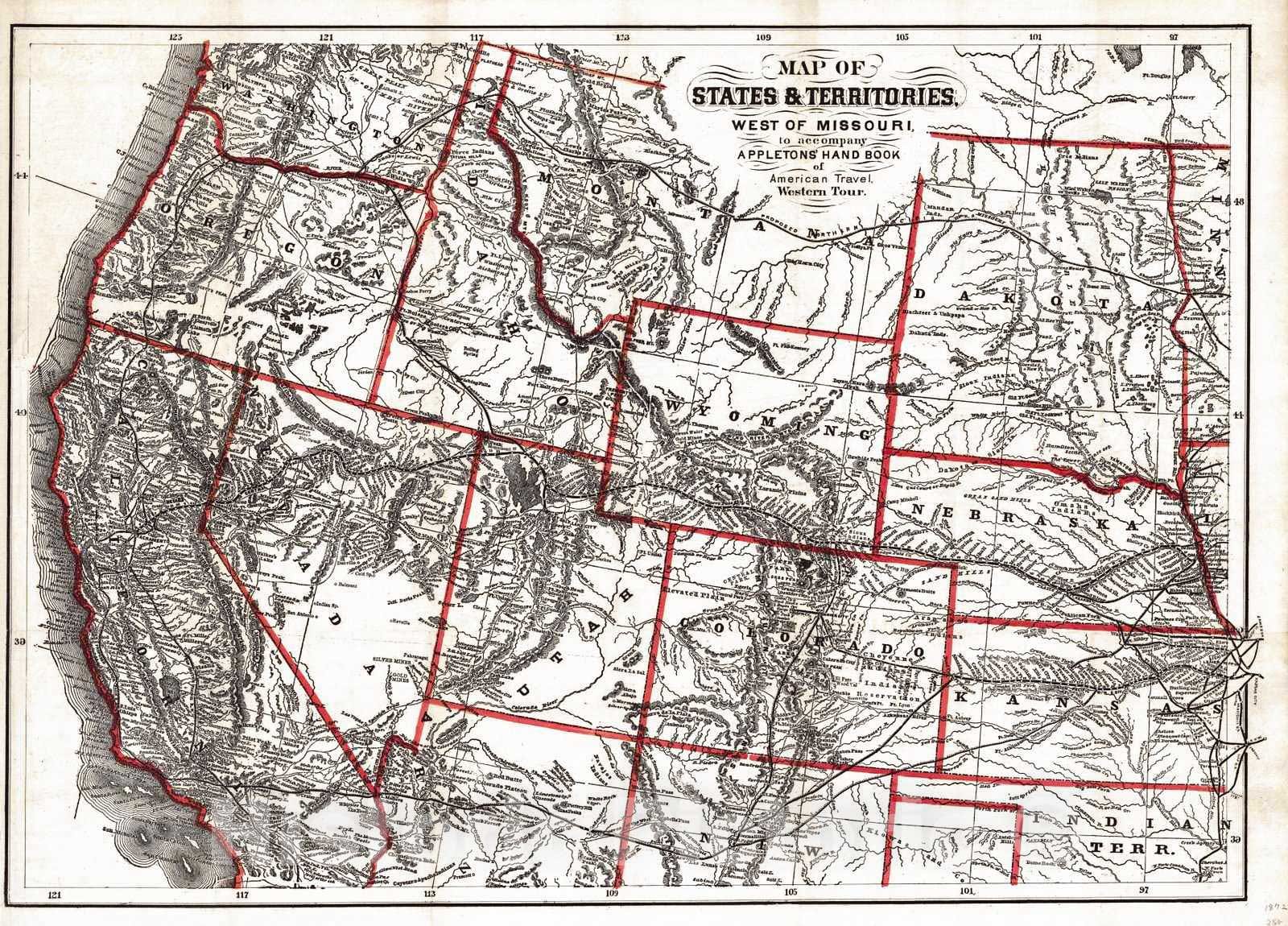 Historic Map : 1872 Map of States & Territories, West of Missouri : Vintage Wall Art