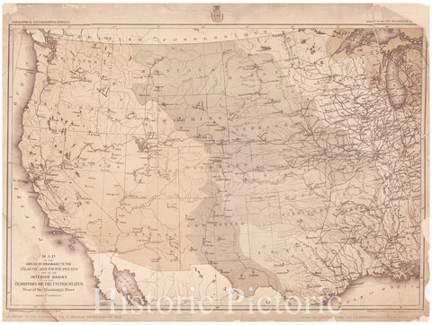 Historic Map : 1875 Map of the Areas of Drainage to the Atlantic and Pacific Oceans and of the Interior Basins of the United States West of the Mississippi River : Vintage Wall Art