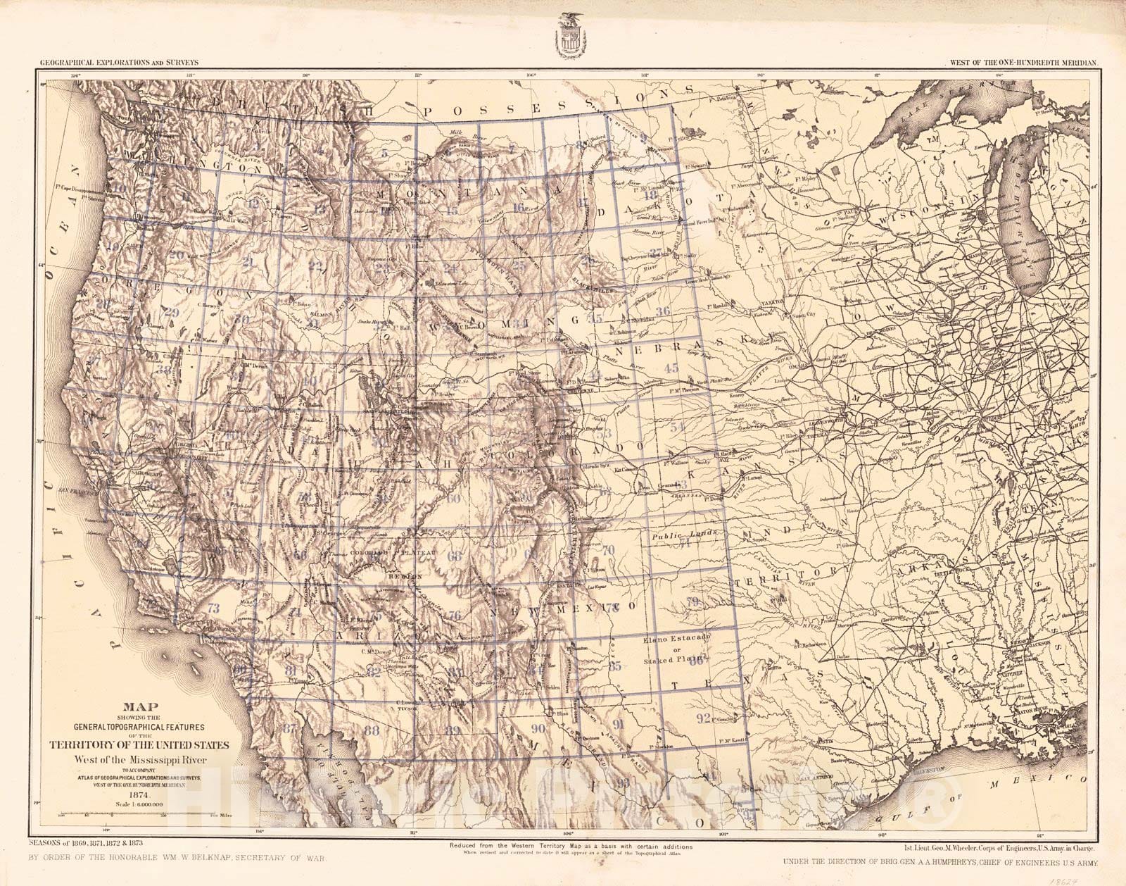 Historic Map : 1875 Map Showing the General Topographical Features of The Territory of the United States West of the Mississippi River  : Vintage Wall Art