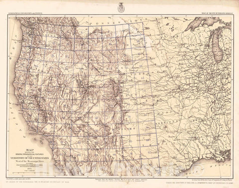Historic Map : 1875 Map Showing the General Topographical Features of The Territory of the United States West of the Mississippi River  : Vintage Wall Art