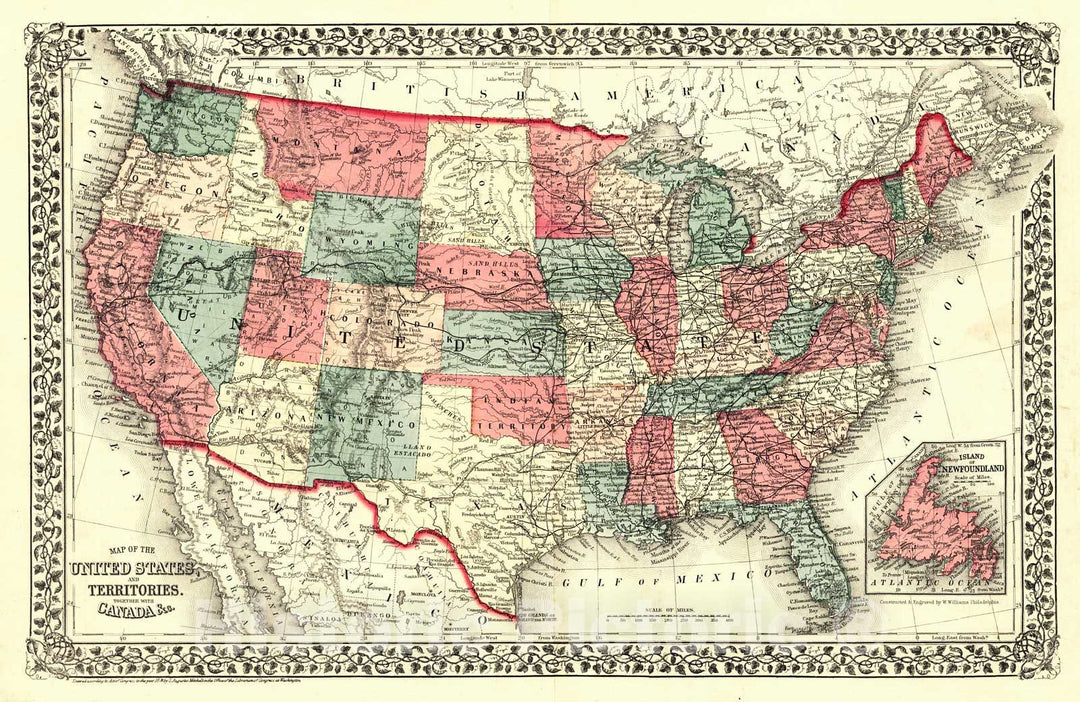 Historic Map : 1876 Map of the United States and territories together with Canada and c : Vintage Wall Art