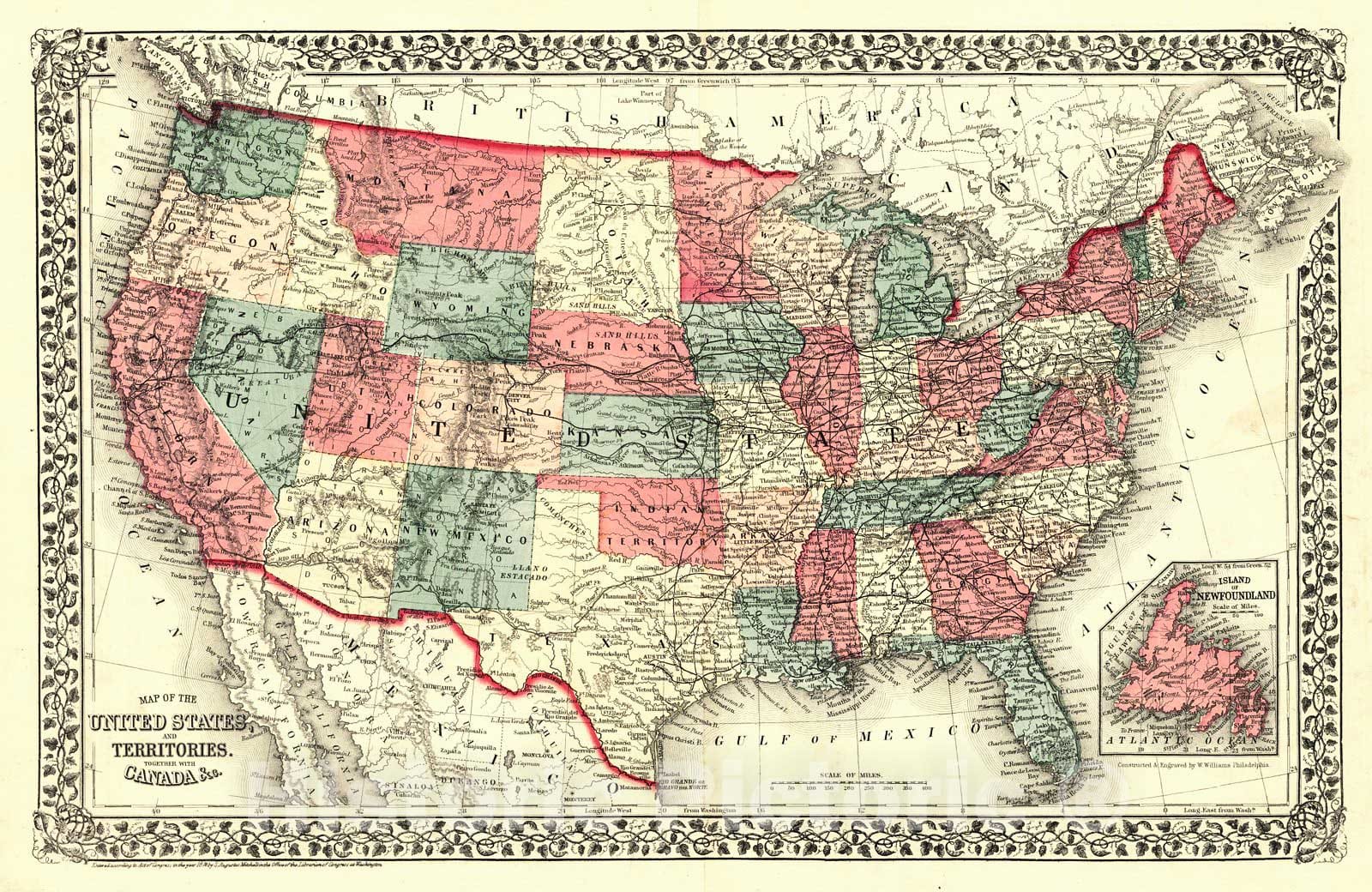 Historic Map : 1876 Map of the United States and territories together with Canada and c : Vintage Wall Art