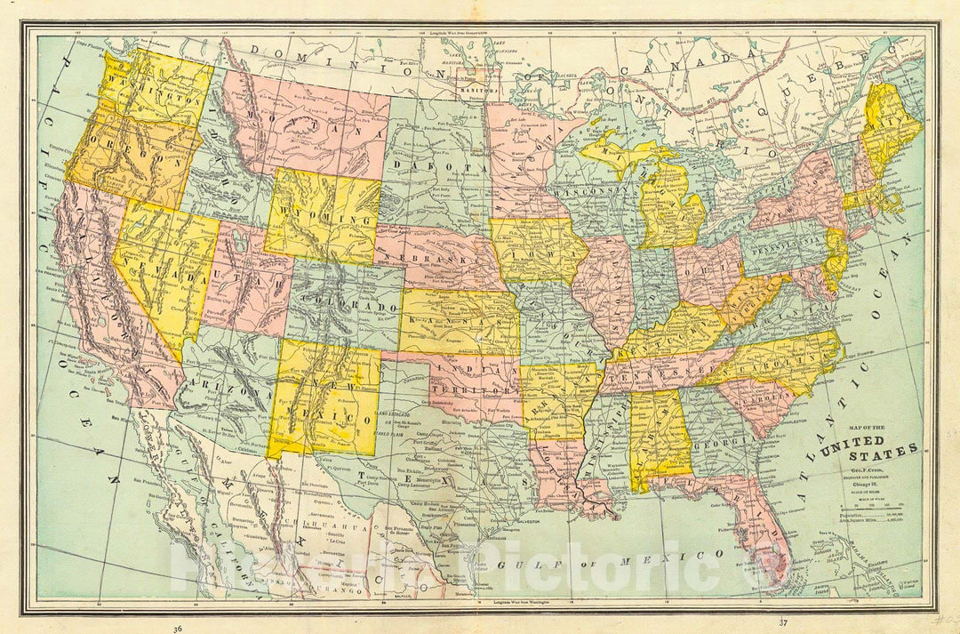 Historic Map : 1887 Map of the United States : Vintage Wall Art