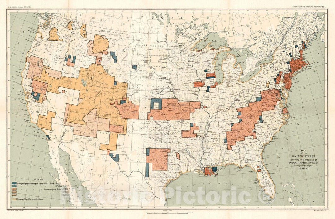 Historic Map : 1892 Map of the United States Showing the Progress of Topographic Survey during the Fiscal Year 1891-92 : Vintage Wall Art