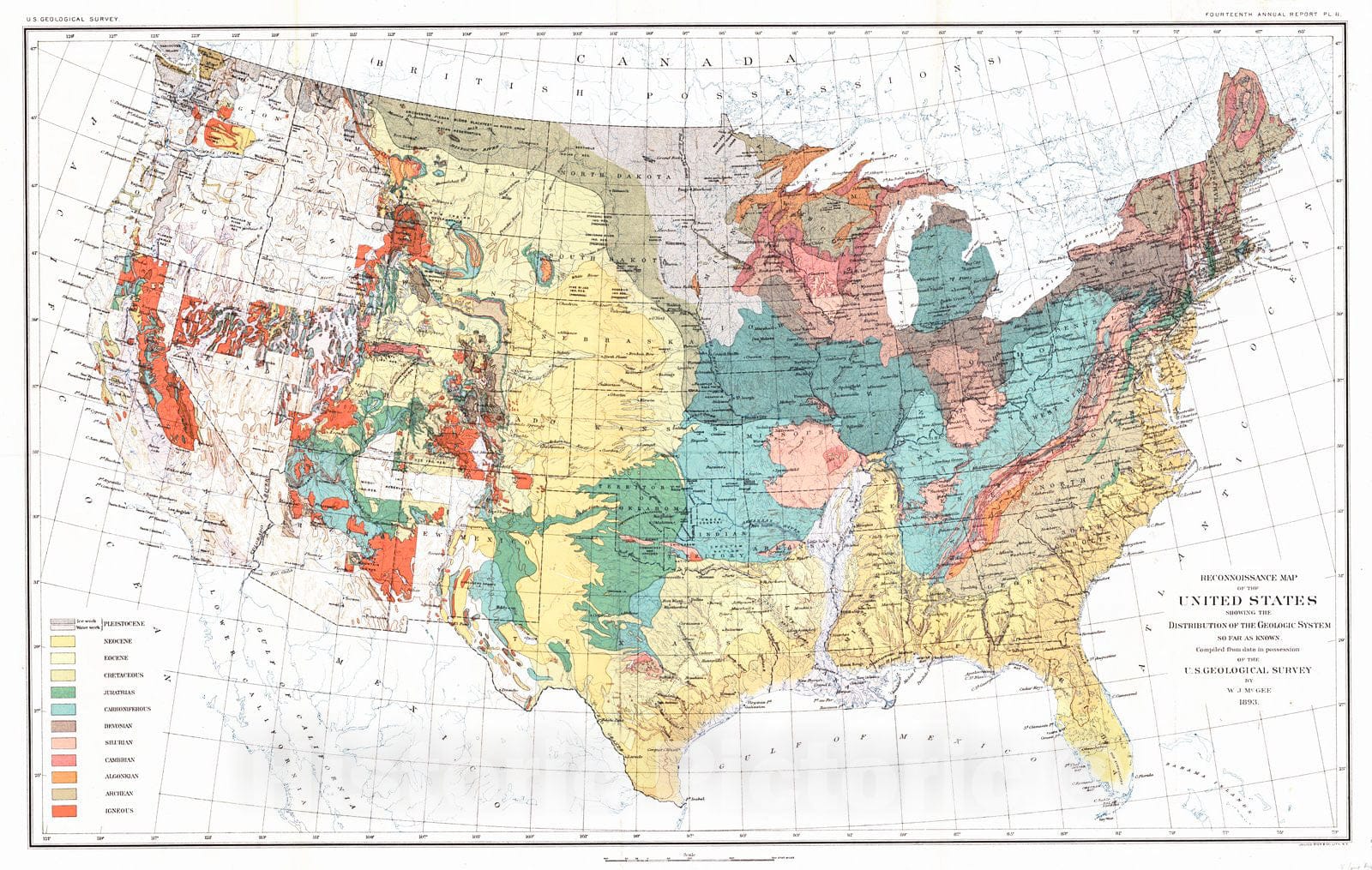 Historic Map : 1893 Reconnaissance Map of the United States Showing the Distribution of the Geological System so far as known  : Vintage Wall Art