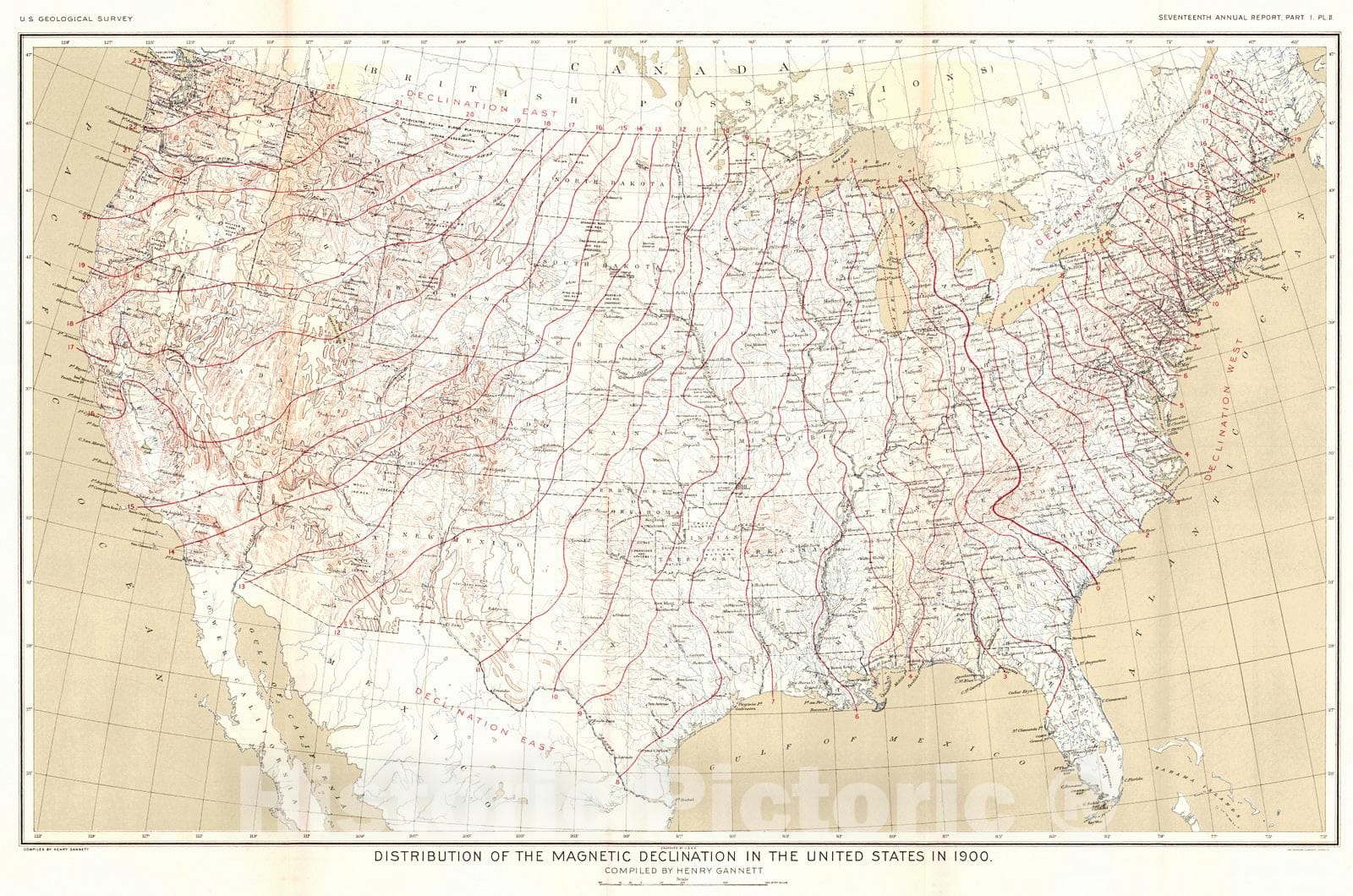 Historic Map : 1896 Distribution of the Magnetic Declination in the United States in 1900 : Vintage Wall Art