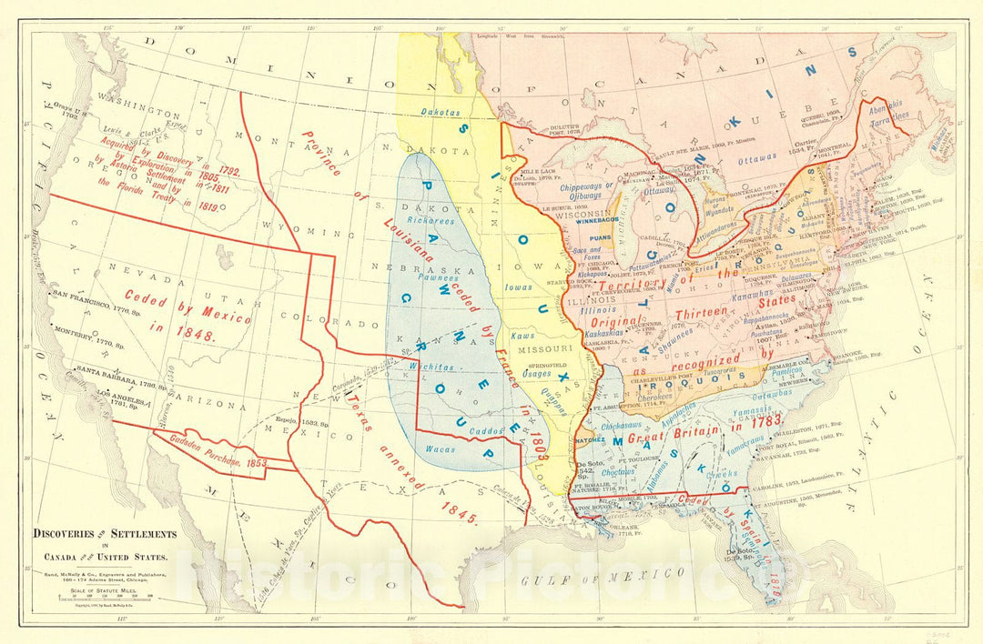 Historic Map : 1898 Discoveries and Settlements in Canada and the United States : Vintage Wall Art