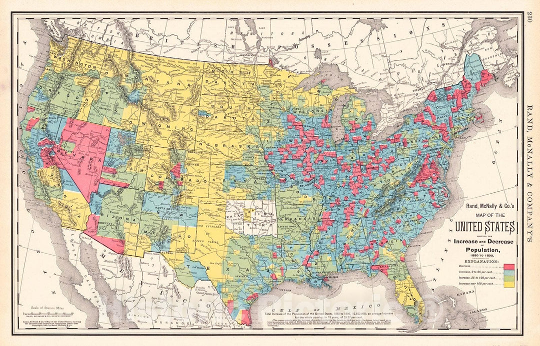 Historic Map : 1898 Map of the United States the Increase and Decrease of Population, 1880 to 1890 : Vintage Wall Art