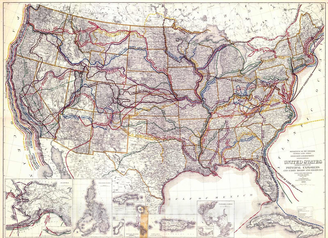 Historic Map : 1908 United States, Showing Routes of Principal Explorers and Early Roads and Highways : Vintage Wall Art