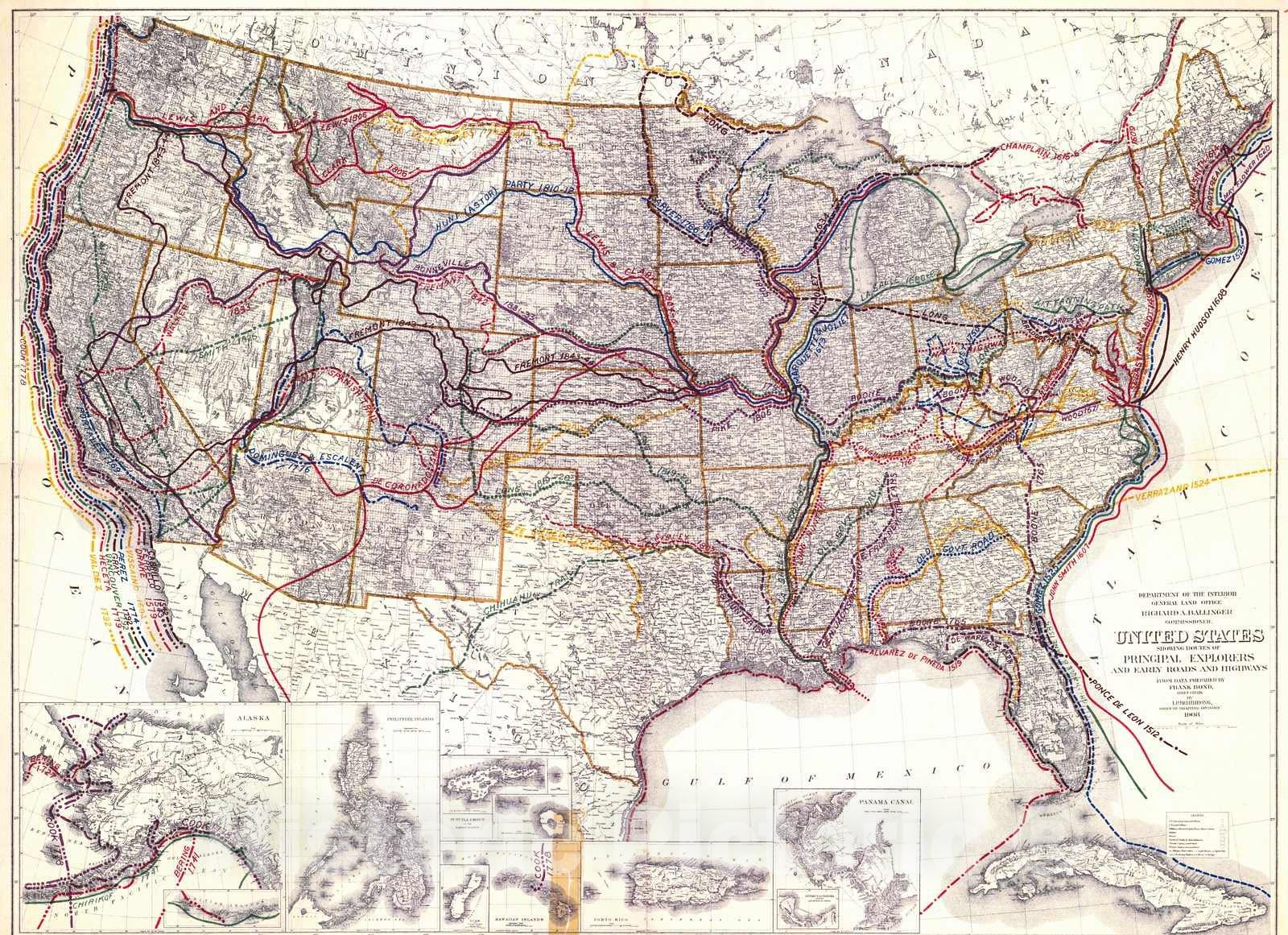 Historic Map : 1908 United States, Showing Routes of Principal Explorers and Early Roads and Highways : Vintage Wall Art