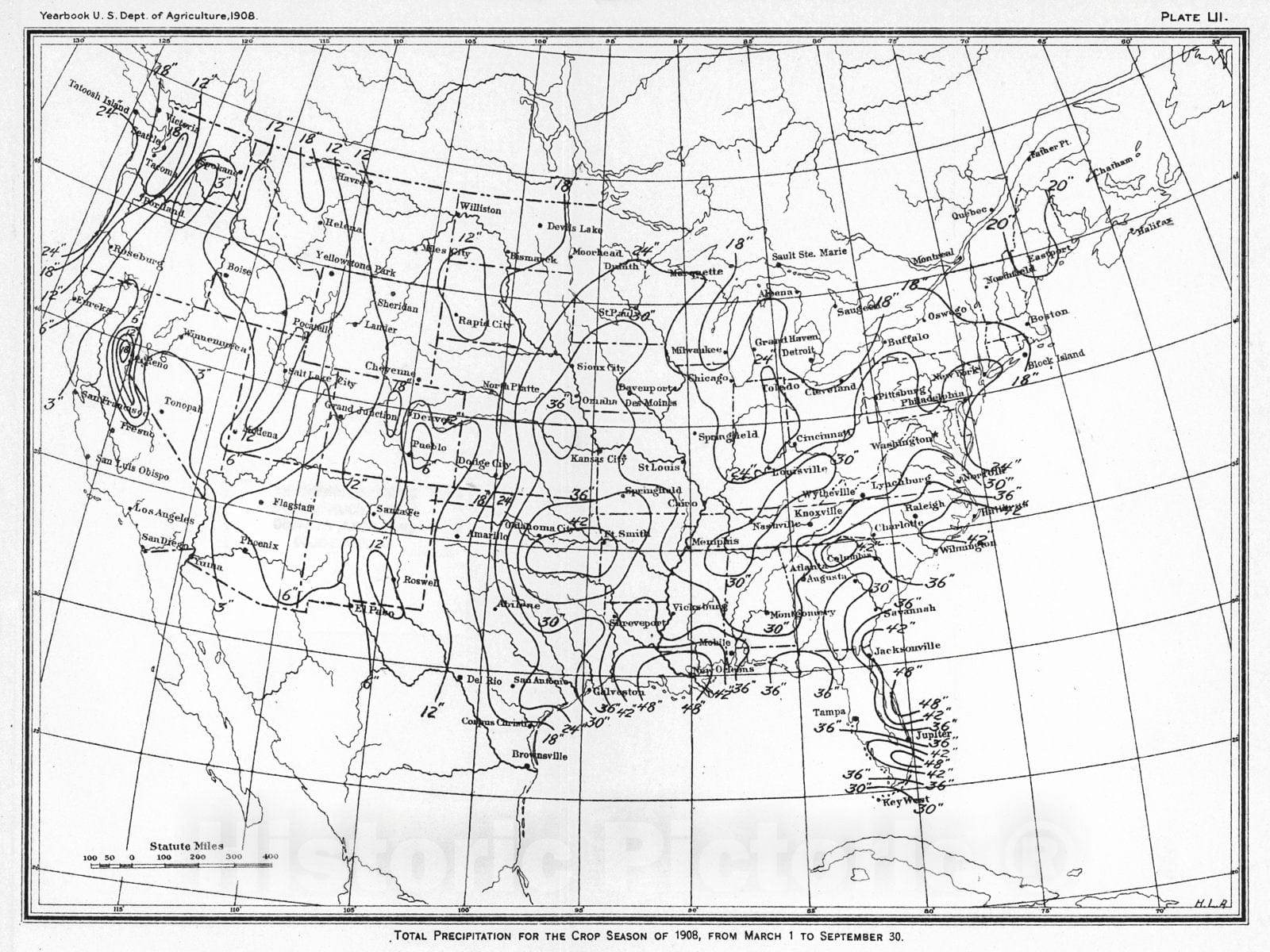 Historic Map : 1908 Total Precipitation for the Crop Season of 1908, f ...
